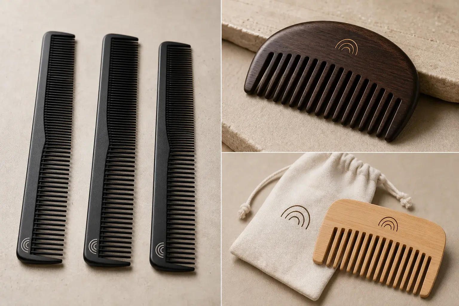 Printed and engraved comb samples reviewed with logo placement and package contact