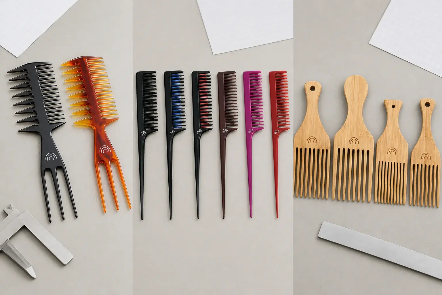 Printed and engraved logo sizes compared on plastic, acetate, and bamboo combs