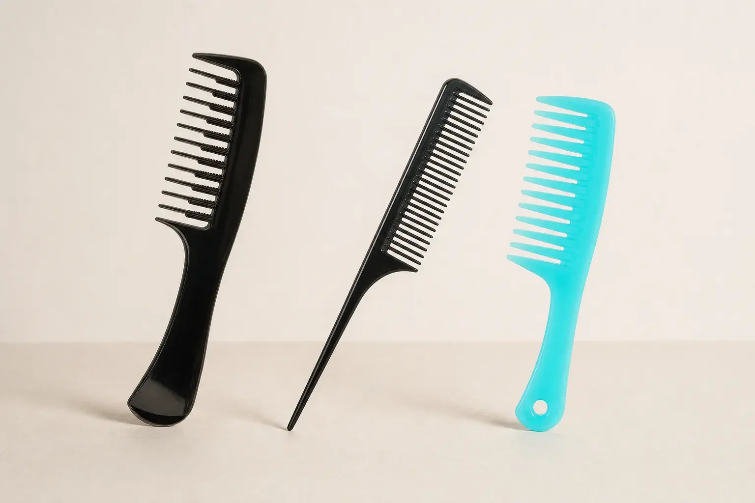 Three plastic comb geometries arranged for product-specific comparison