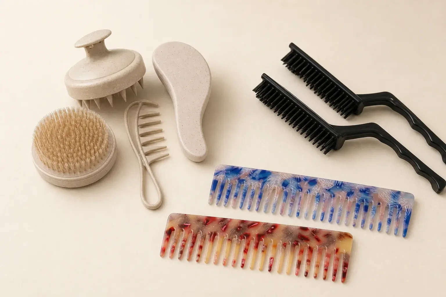 Comb products with contrasting colors, surfaces, textures, and tooth forms