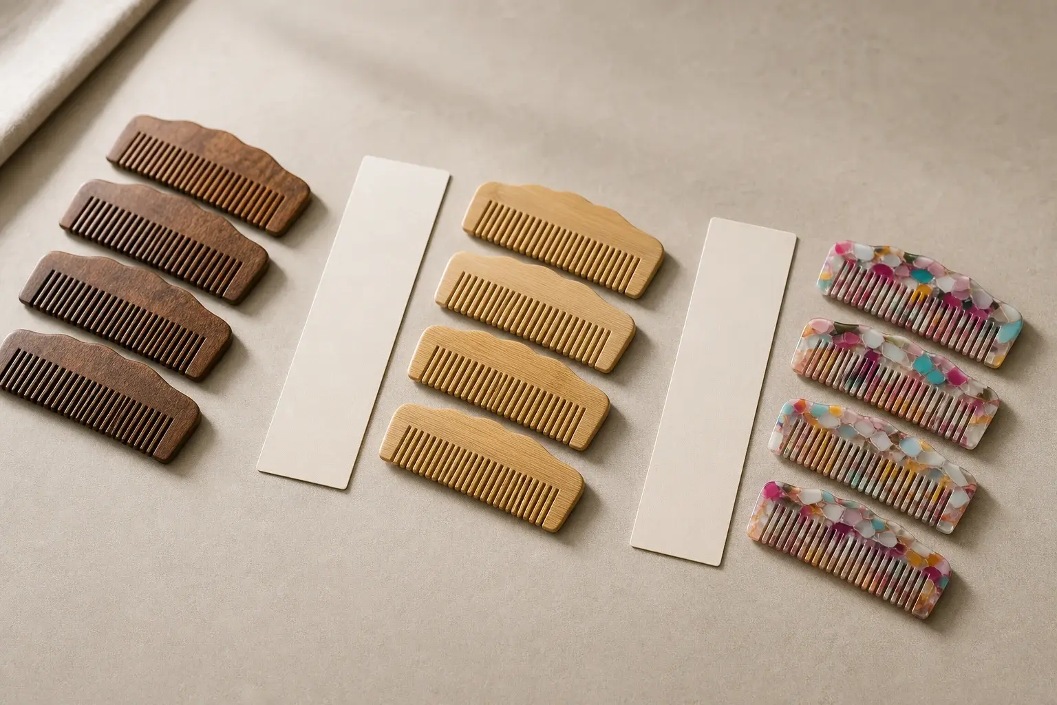 Dark wood, light bamboo and multicolor acetate combs arranged in separate appearance ranges