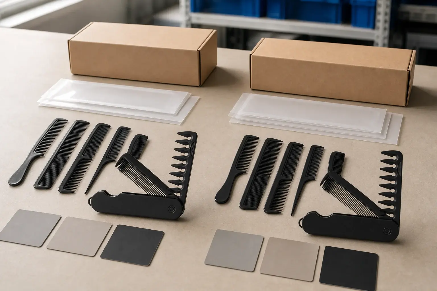 Two groups of matching black combs and folding combs aligned with color references and packaging samples