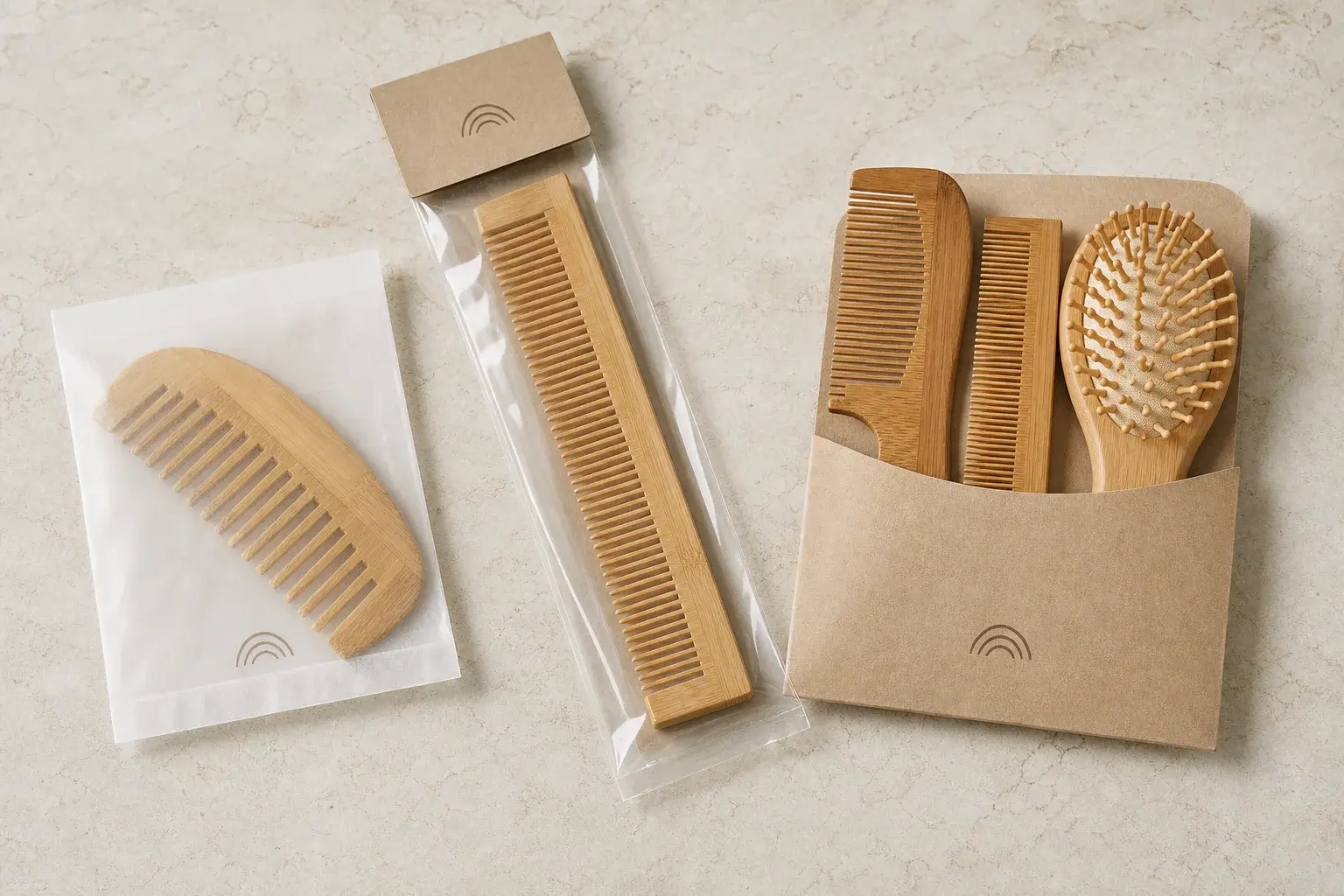 Compact hotel comb and brush amenities in individual paper and clear protective packs