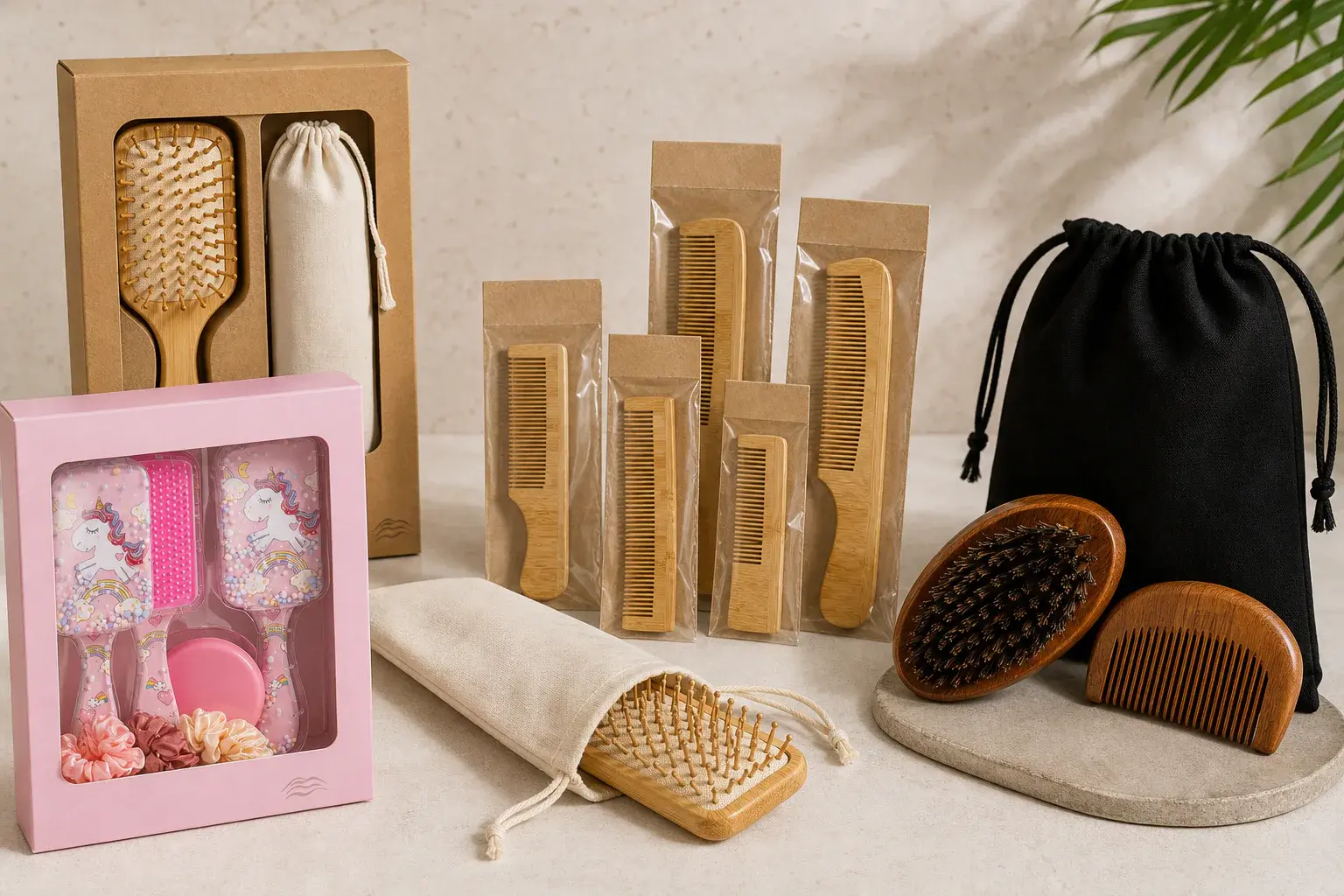 Retail gift boxes, individually packed hotel combs and promotional pouch packaging
