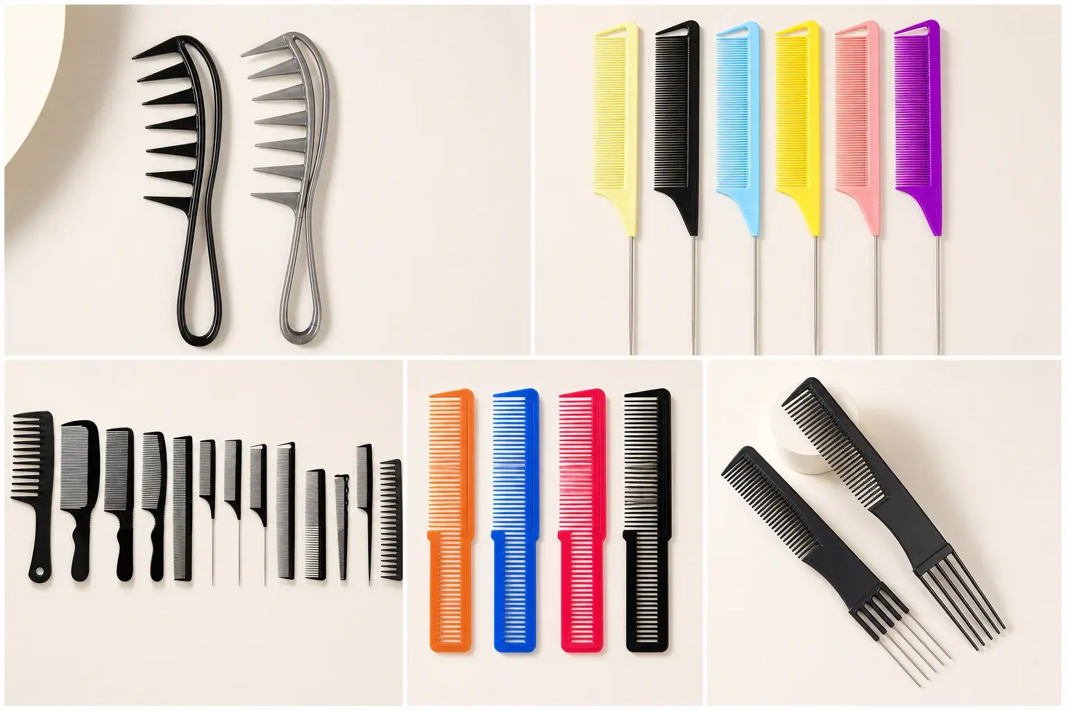 Five-panel collage of professional cutting, tail, wide-tooth, and multi-purpose salon combs
