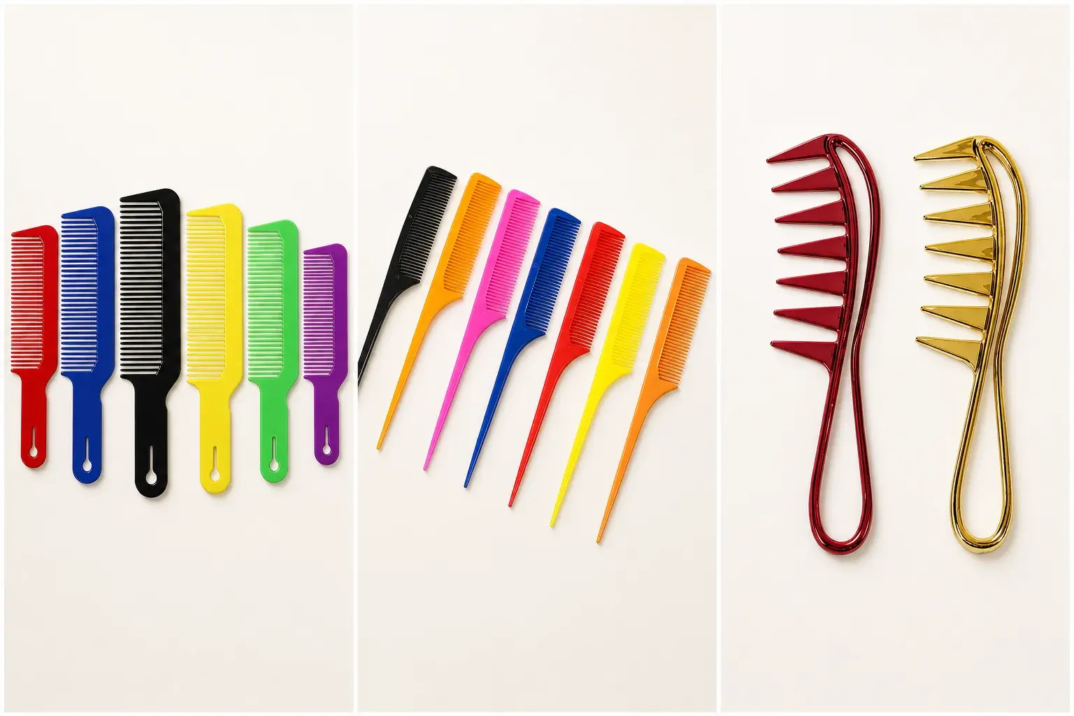 Three-panel professional comb color comparison with solid molded and electroplated finishes