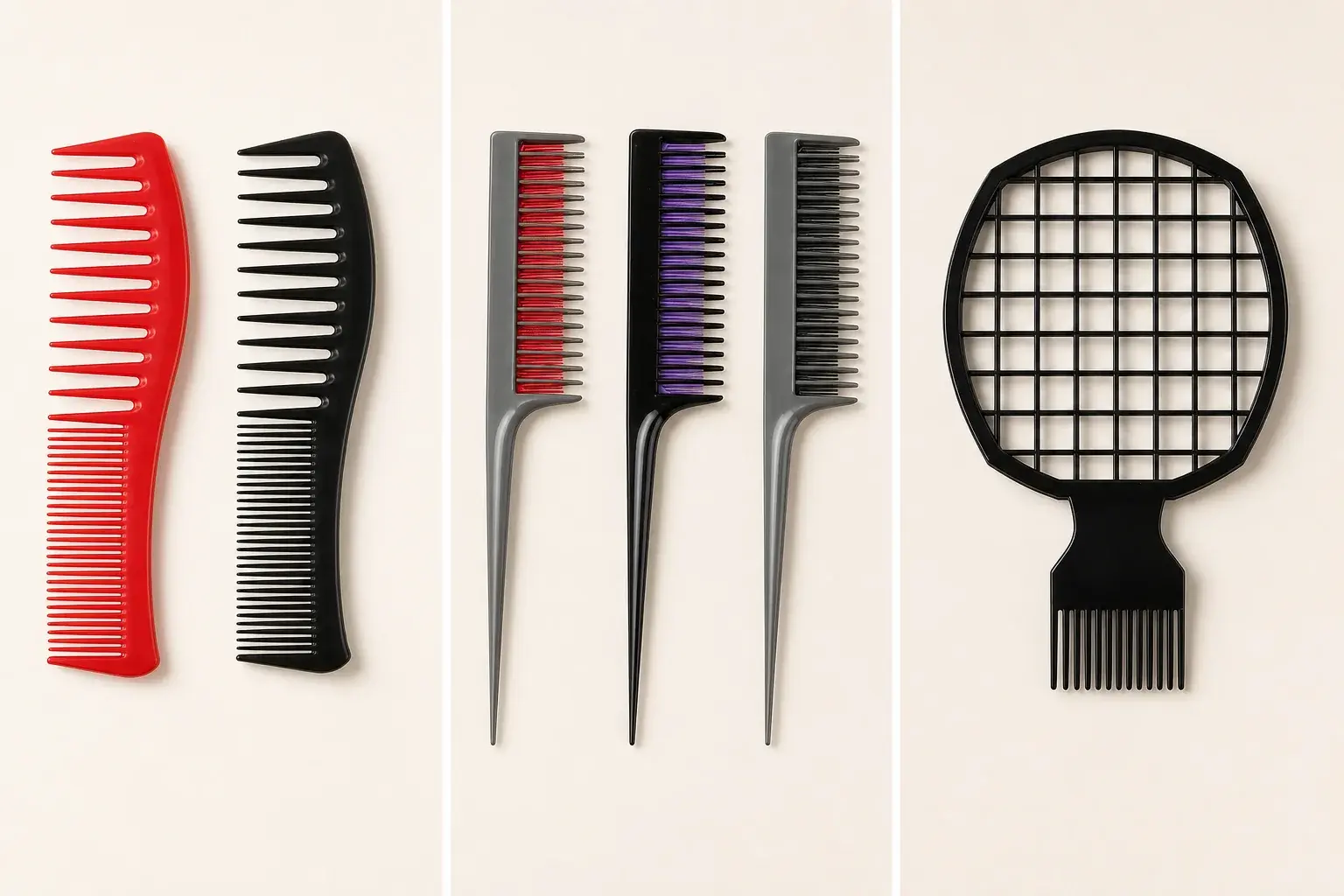 Three-panel comparison of mixed-tooth, multi-row tail, and open-grid salon comb structures
