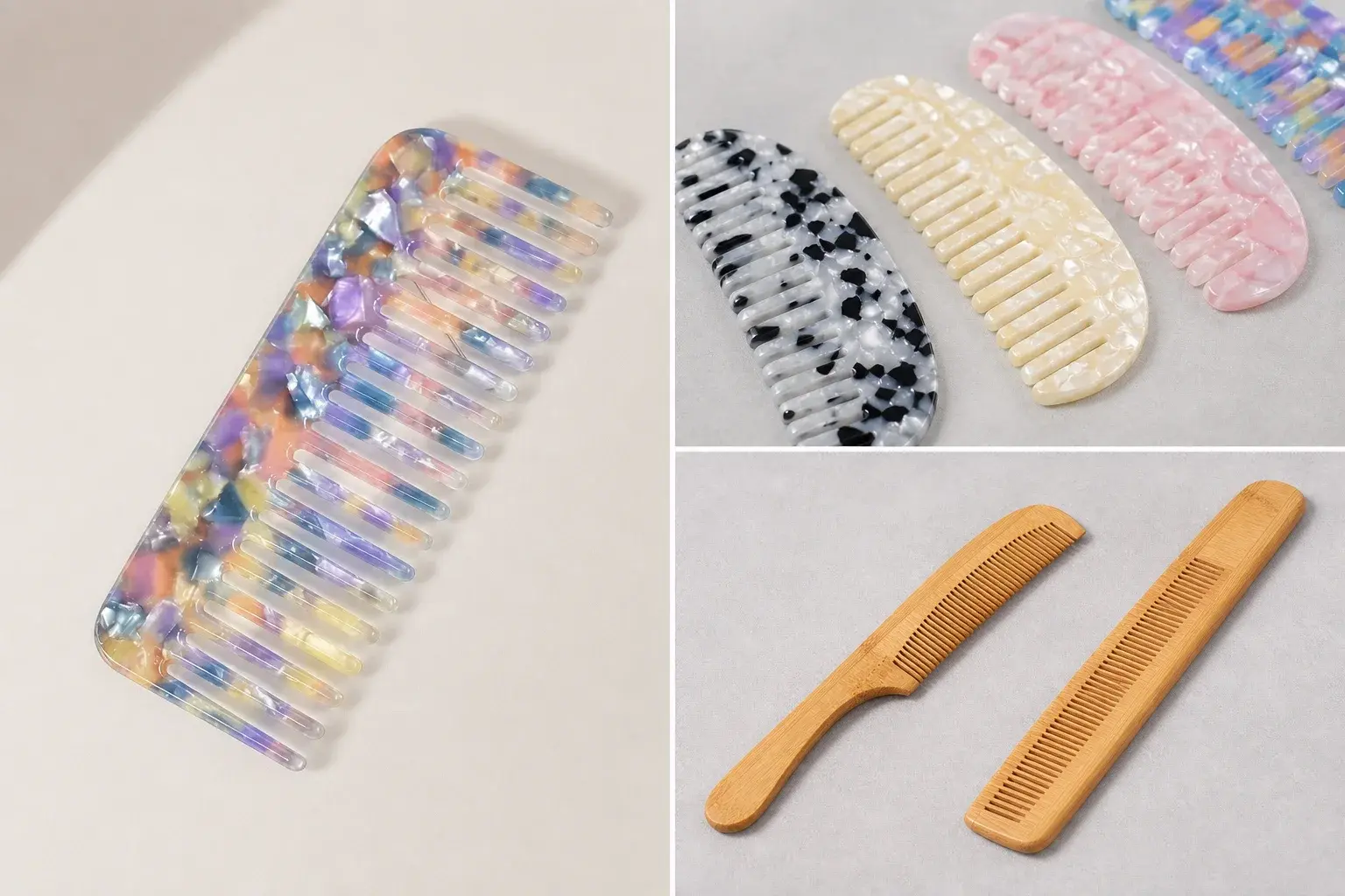 Acetate and bamboo combs showing different tooth edges and material finishes