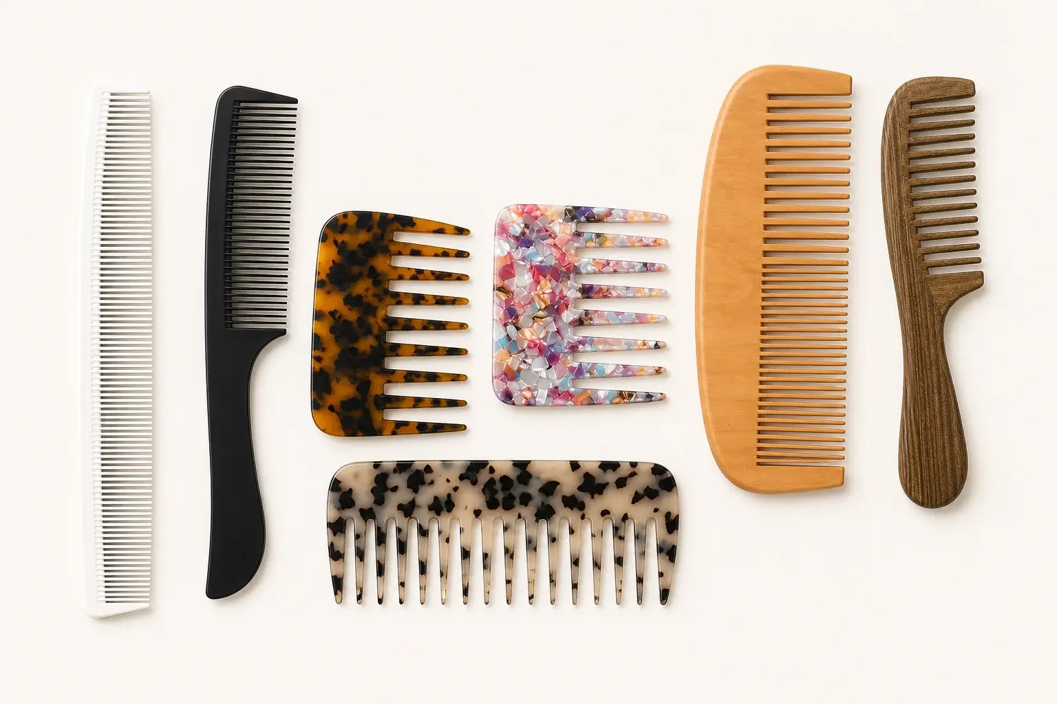 Studio collage of fine-tooth, wide-tooth, acetate, plastic, and wooden comb profiles