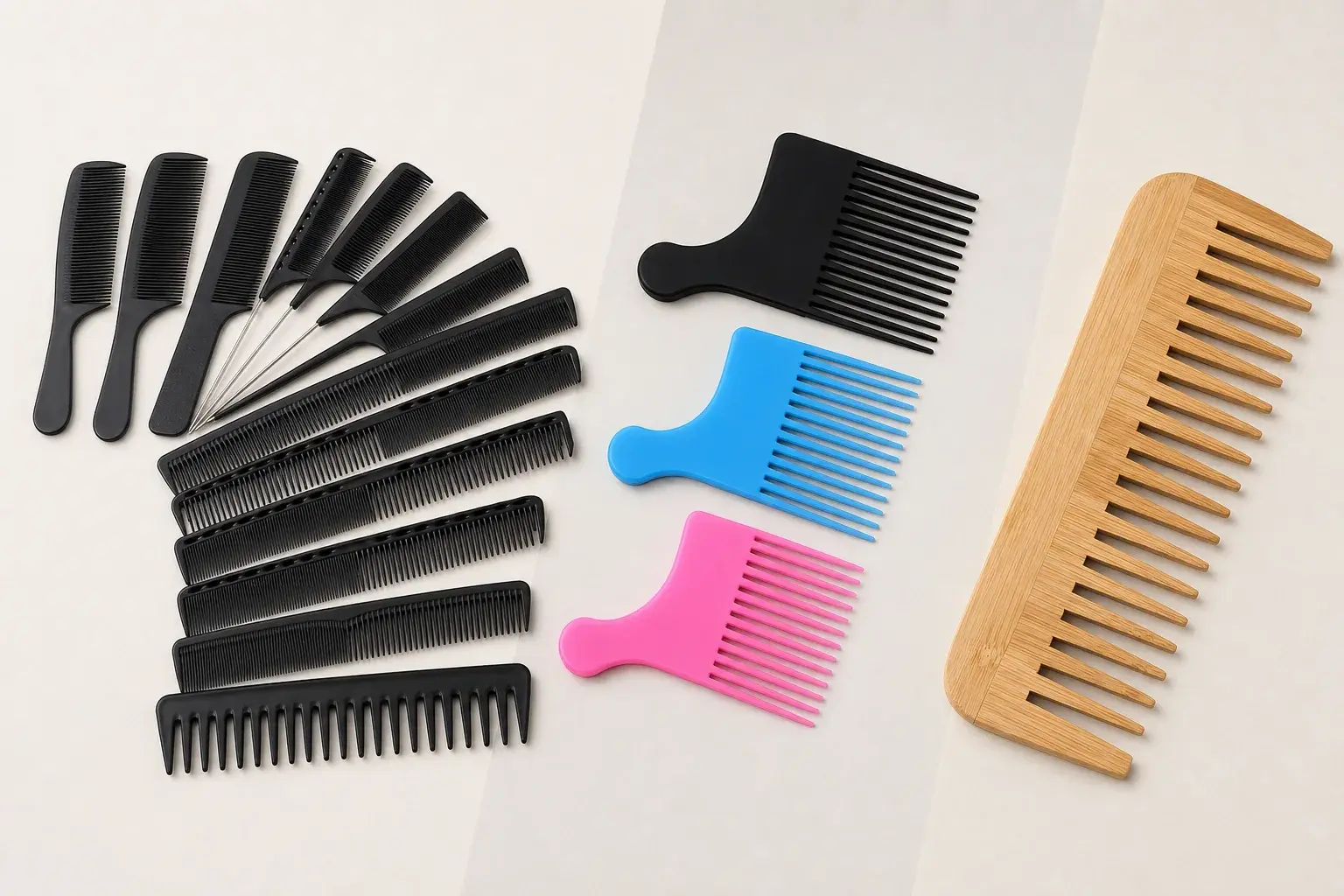Fine-tooth, wide-tooth, and bamboo comb examples showing different tooth tips and roots