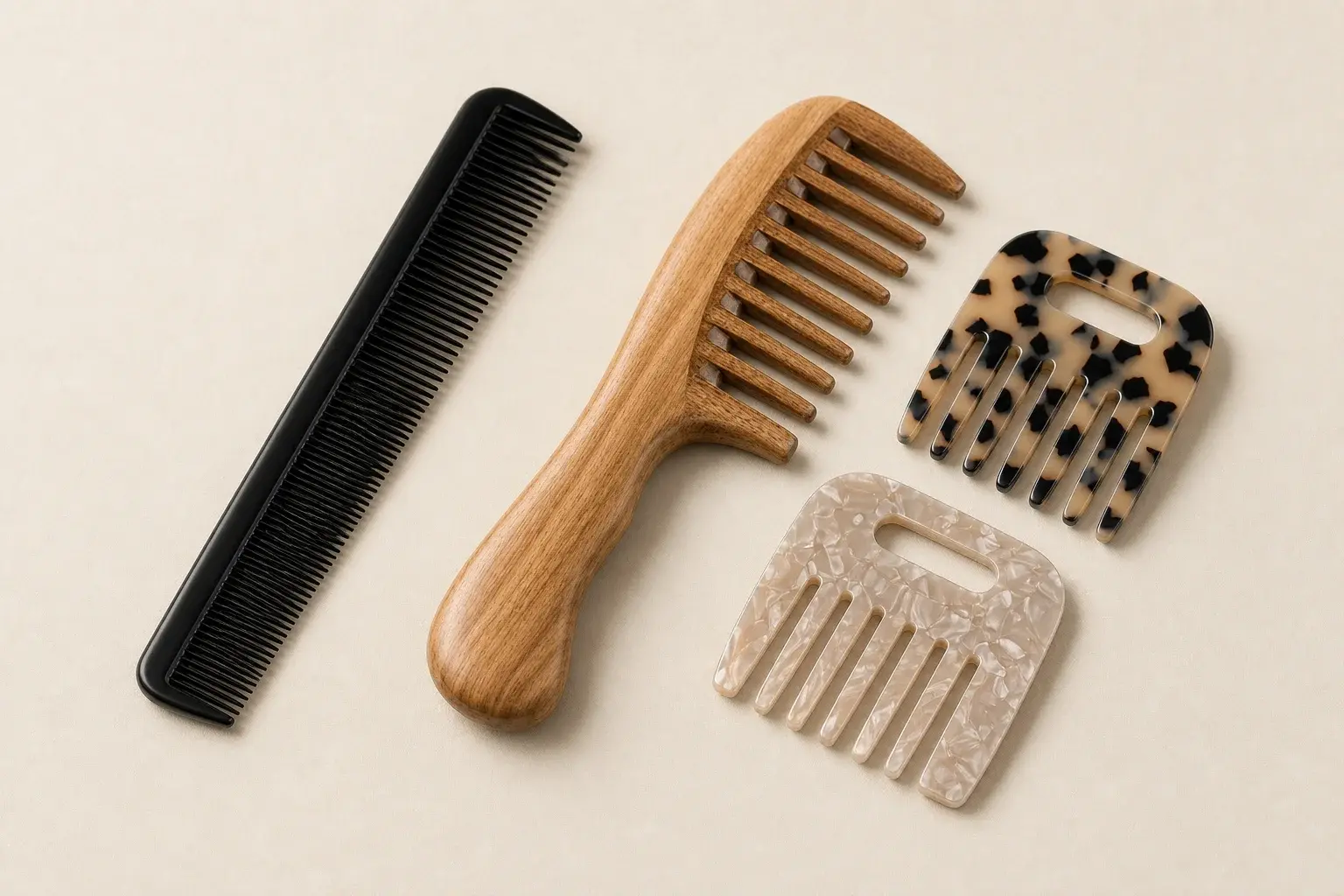 Plastic, wooden, and patterned acetate combs arranged for profile and material review