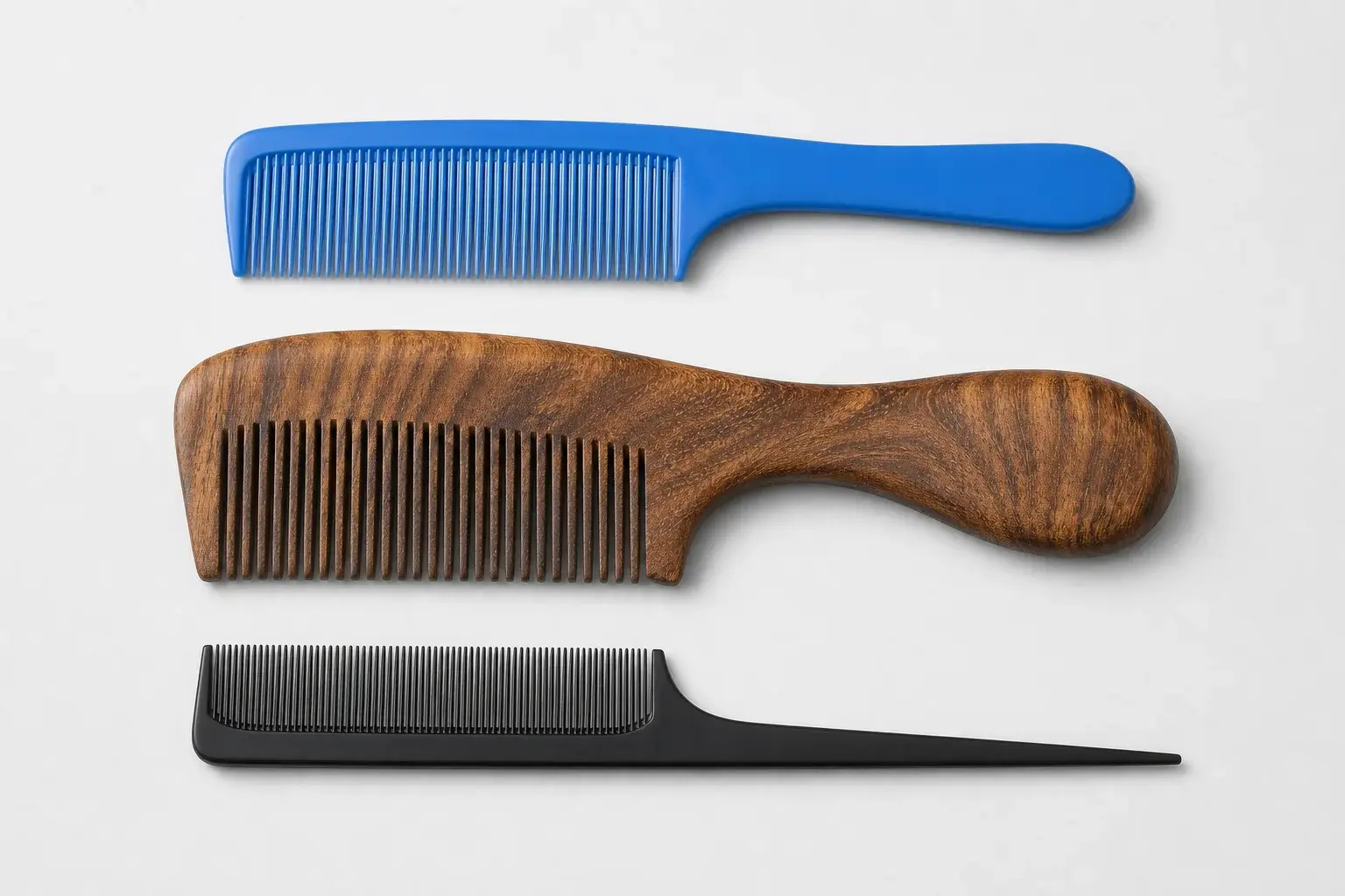 Straight plastic handle, shaped wooden handle, and tail comb compared as complete outer profiles