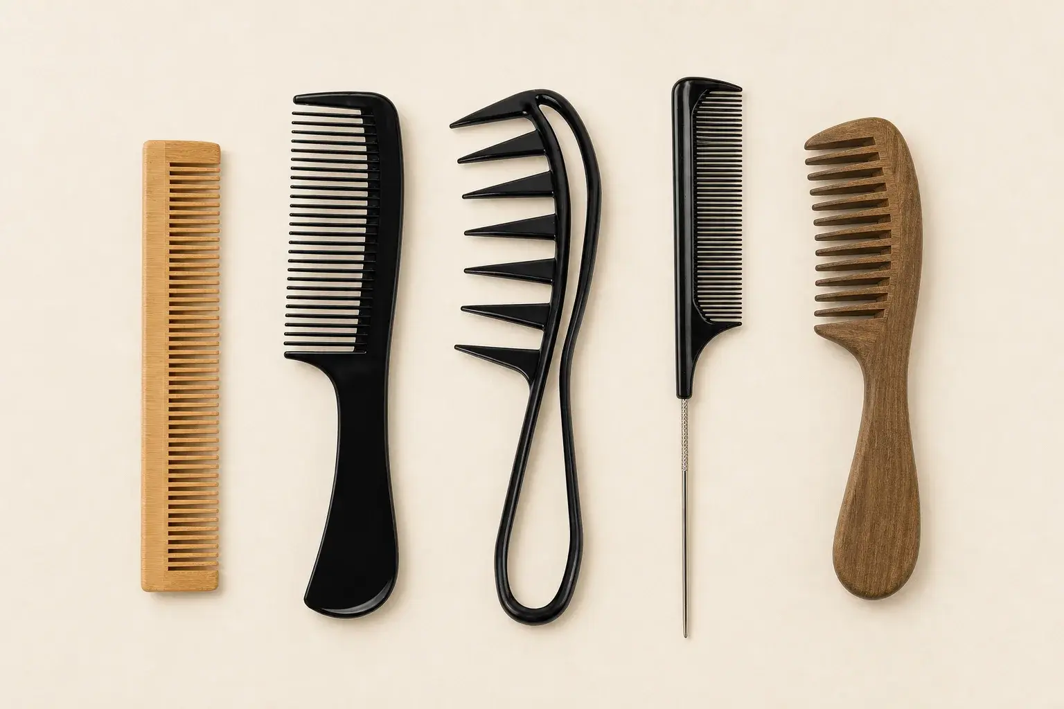 Handleless, straight-handle, curved-profile, tail, and shaped wooden combs compared by silhouette
