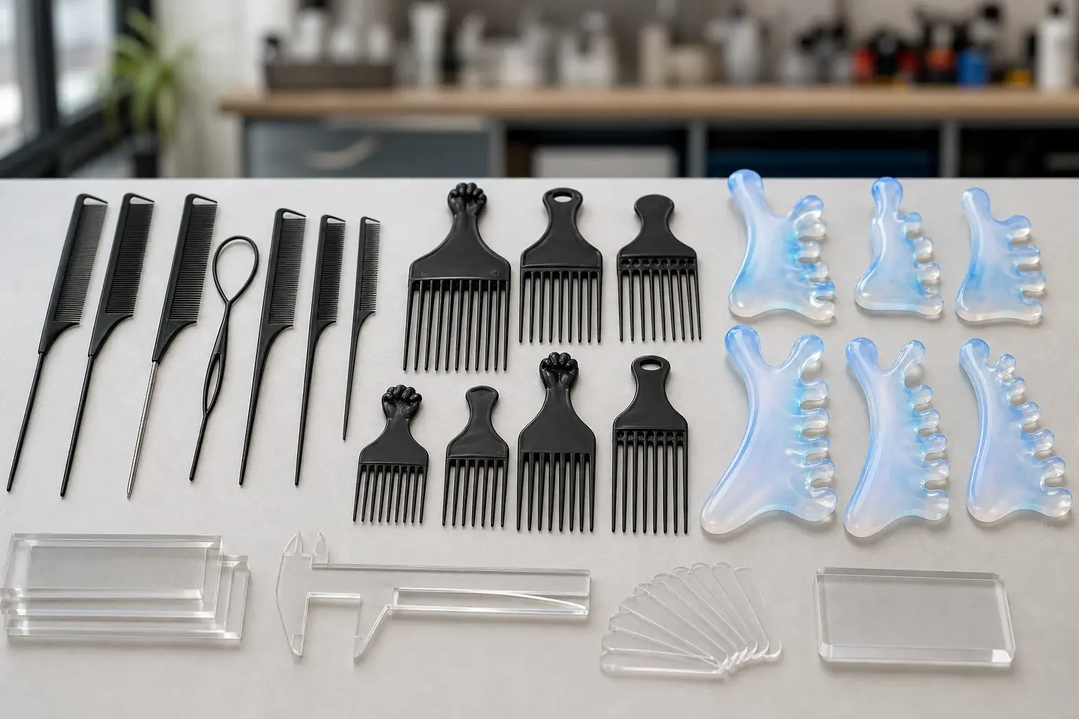 Tail combs, hair picks and curved molded comb formats compared by shape and size