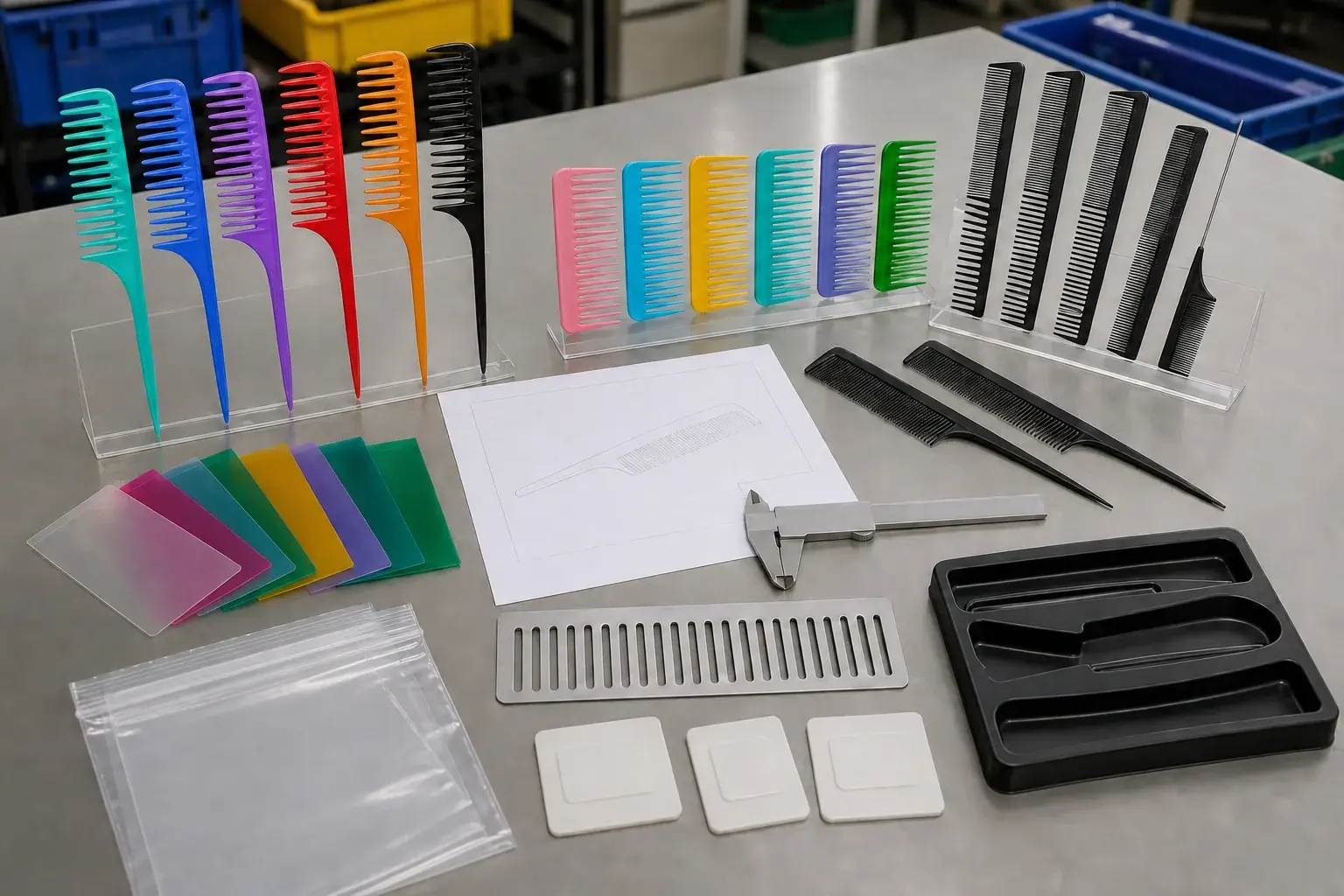 Molded comb samples reviewed with a drawing, color references, caliper and package-fit tray