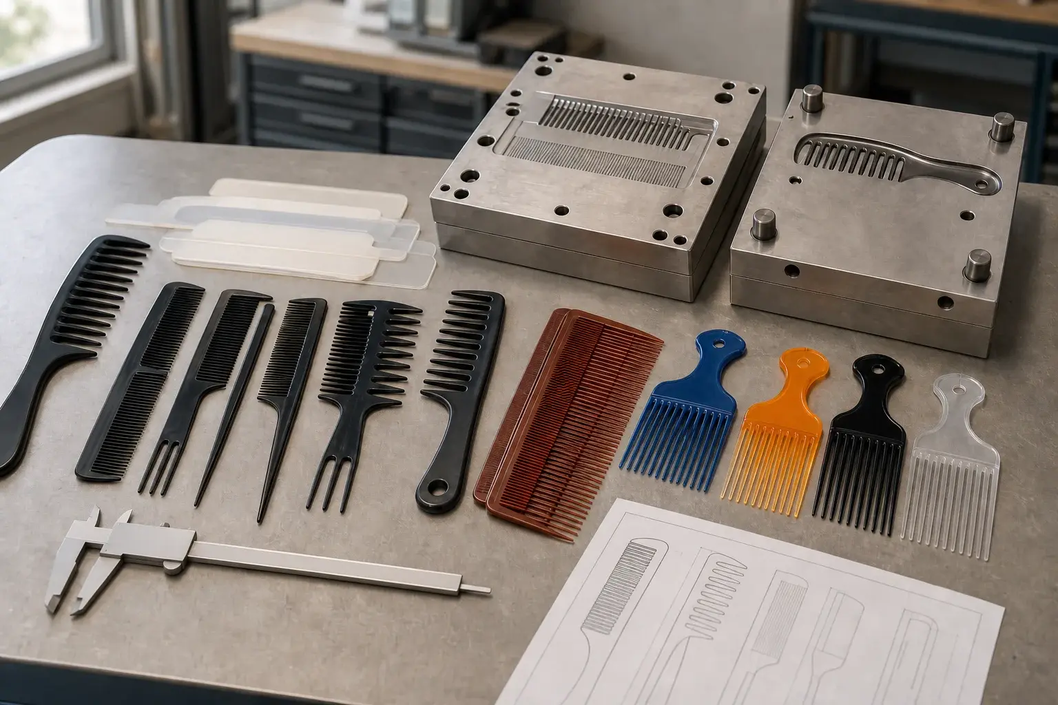 Plastic comb formats, injection mold plates and blank geometry drawings prepared for tooling review