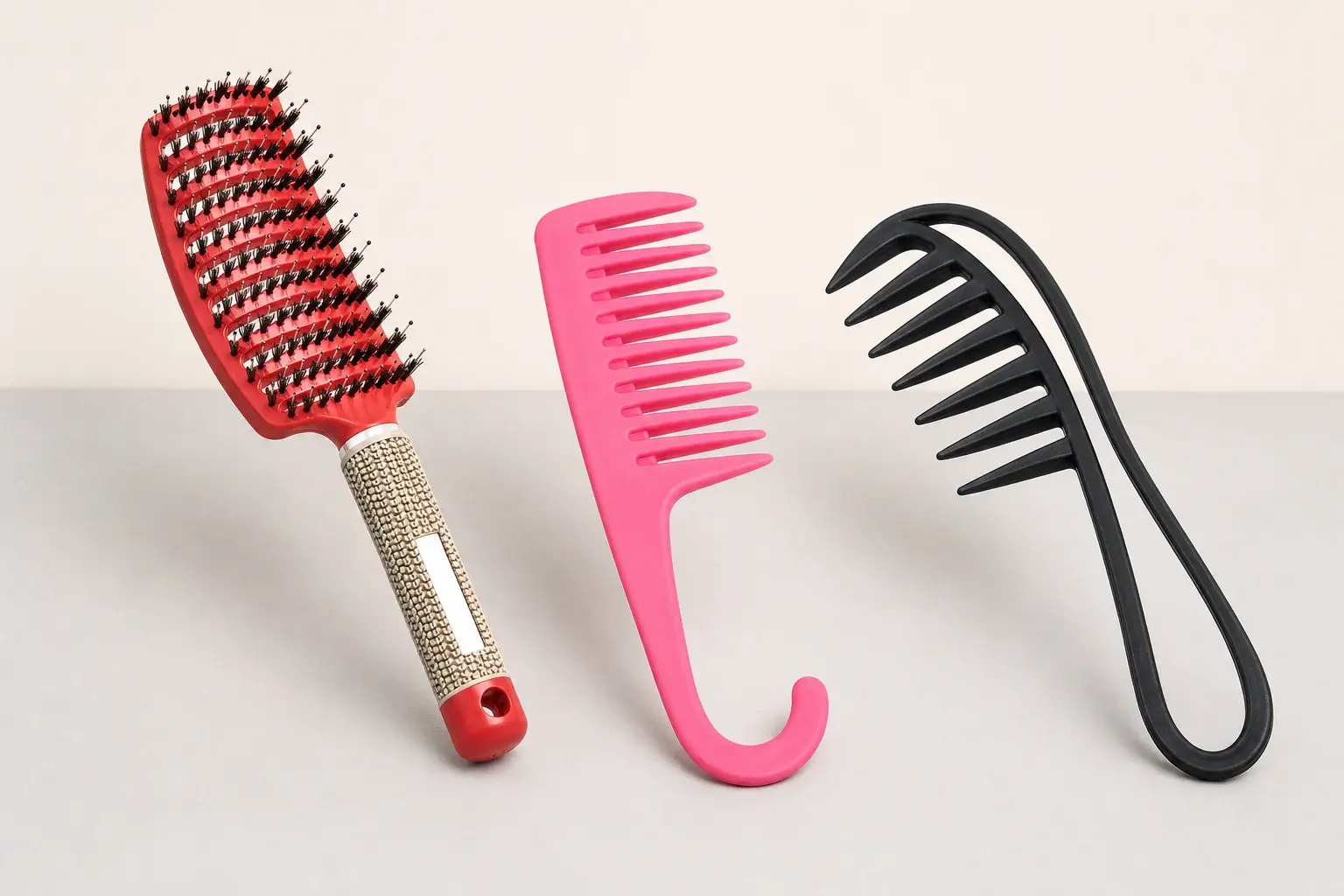 Curved vented brush, hook-ended wide-tooth comb and loop-handle detangling comb structures