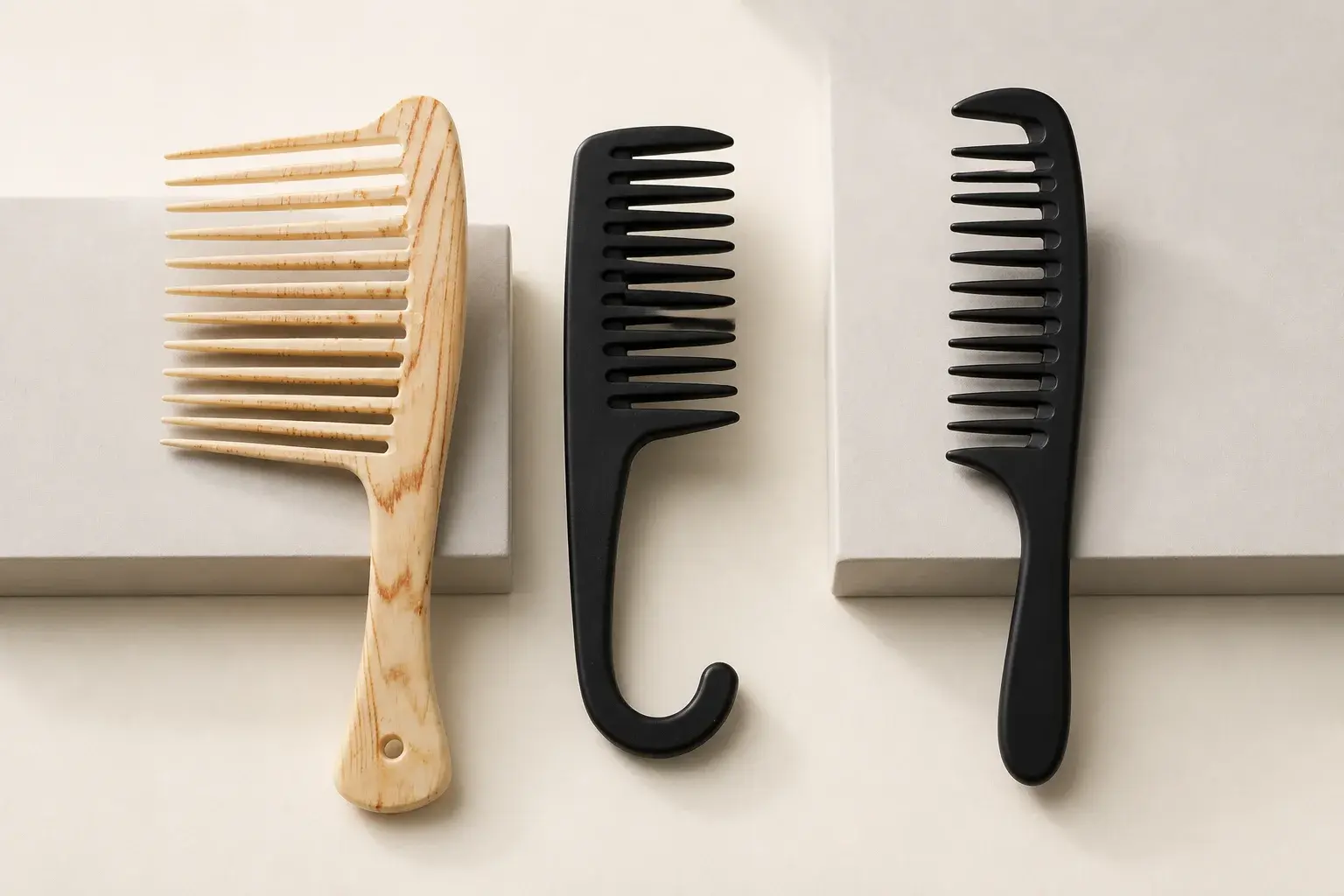 Wide-tooth combs showing different tooth spacing, body curves and handle profiles