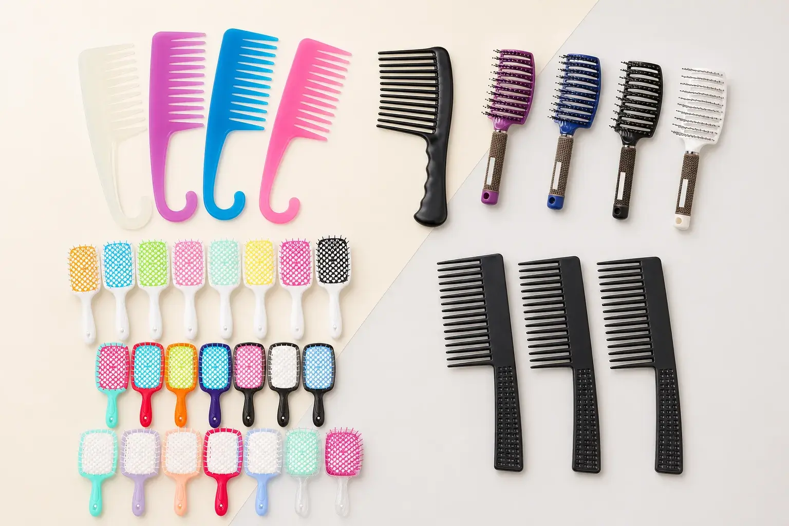 Wide-tooth combs and detangling brush structures arranged for comparison