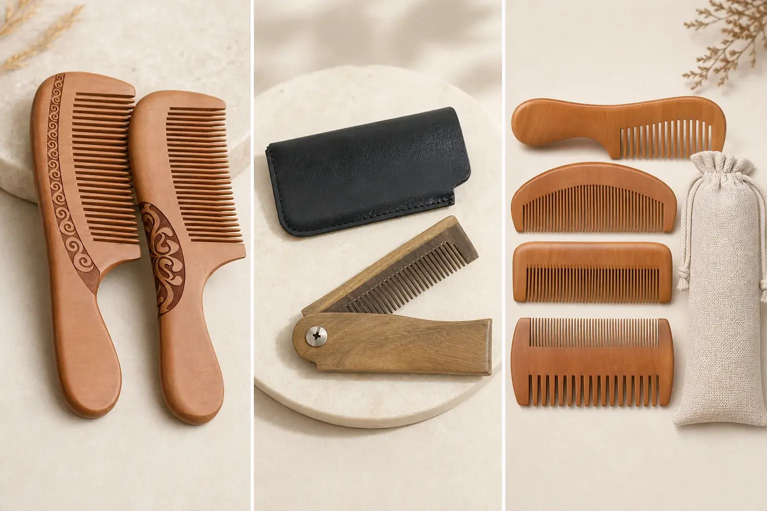 Wood comb engraving examples with a folding case and an unbranded drawstring pouch