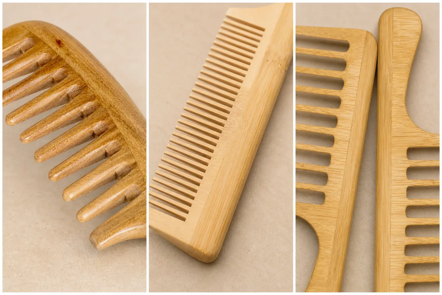 Close-up comparison of wood grain, bamboo fiber direction, tooth tips, edges and surface finish