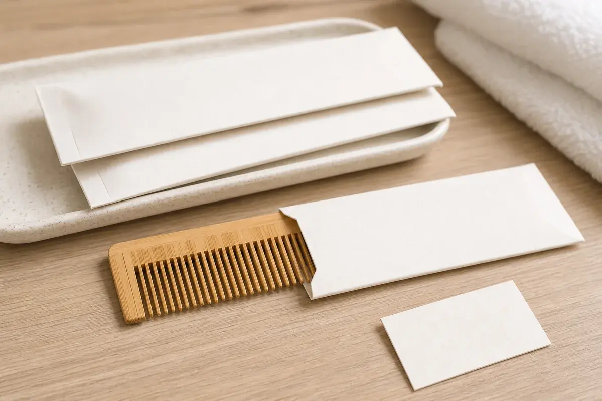 Bamboo hotel comb with individual paper sleeves