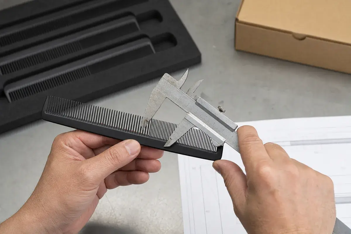 Black cutting comb tooth spacing checked with a caliper