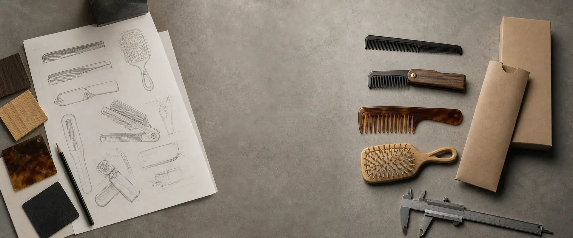 Comb concept drawings, finished samples and blank packaging
