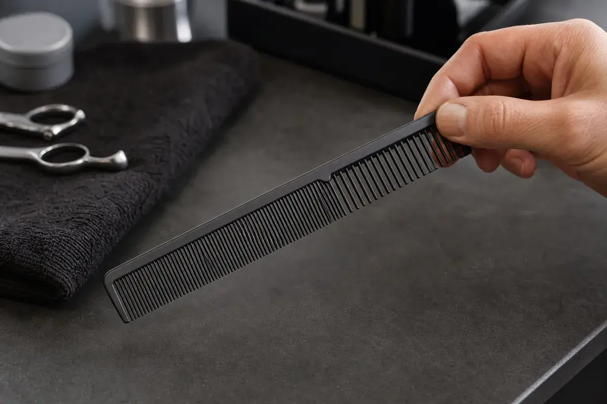 Matte black salon cutting comb inspected by hand