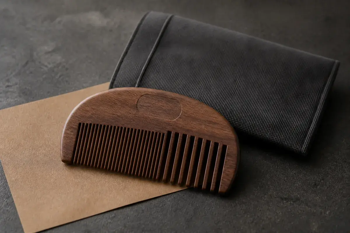 Walnut beard comb with fine and wide tooth zones and fabric sleeve