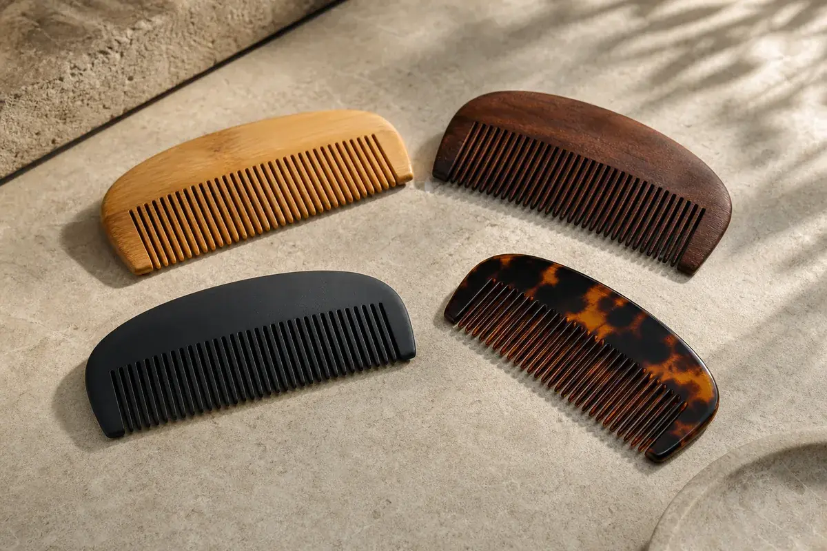 Wood, bamboo, plastic and acetate comb material samples